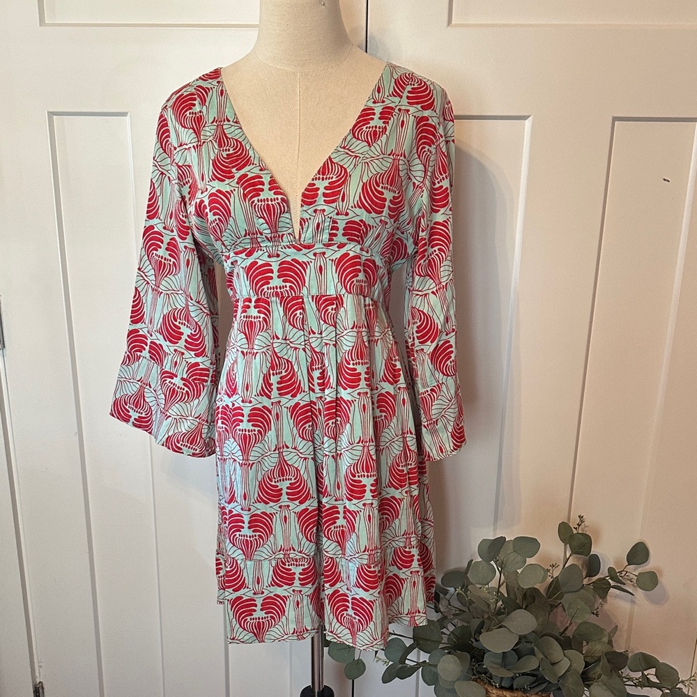 Tulle mini Red turquoise bell sleeves back zipper L 100% cotton vneck dress